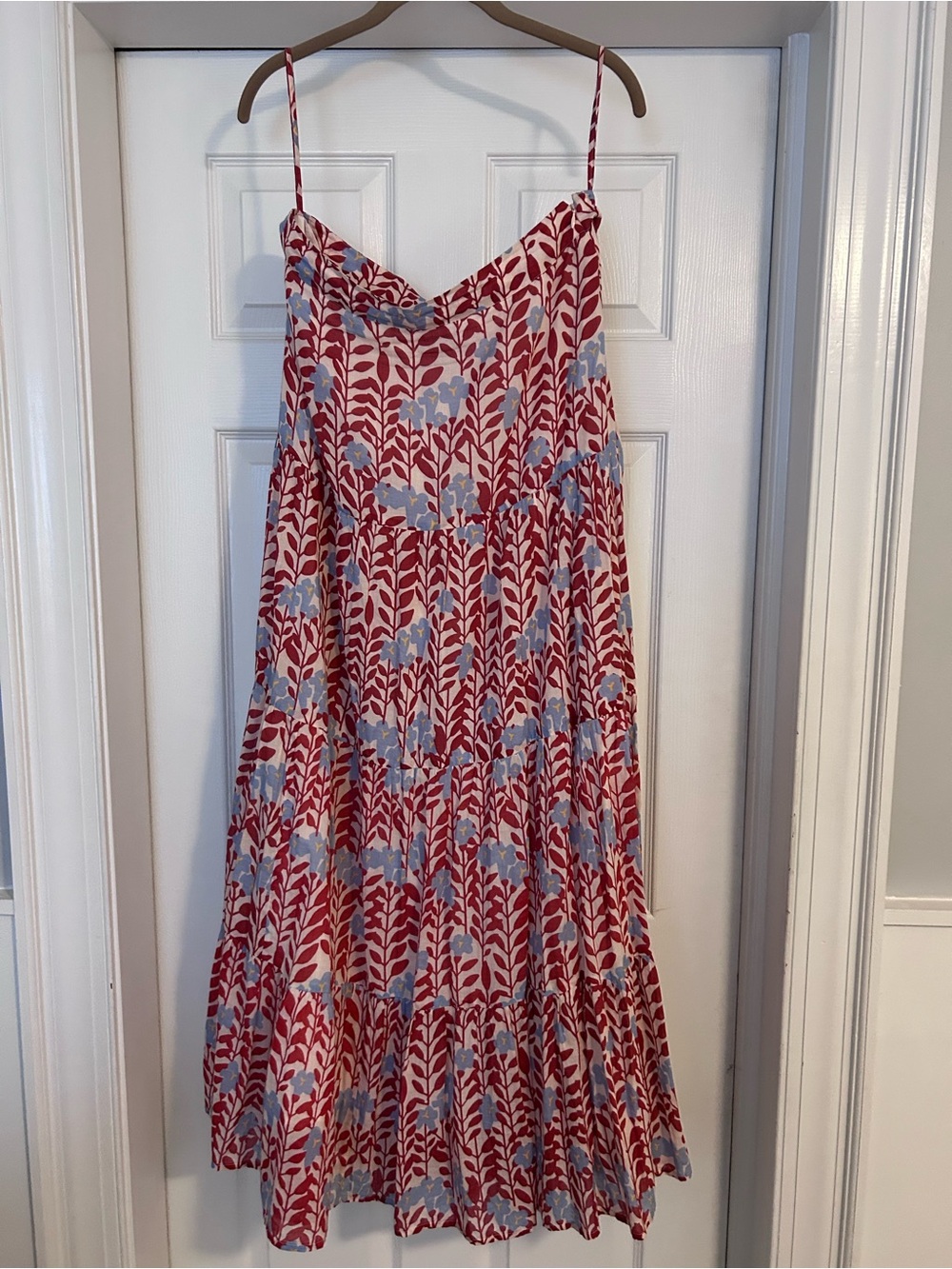 Floral Red & Light Blue Maxi Skirt Dress with Spaghetti Straps